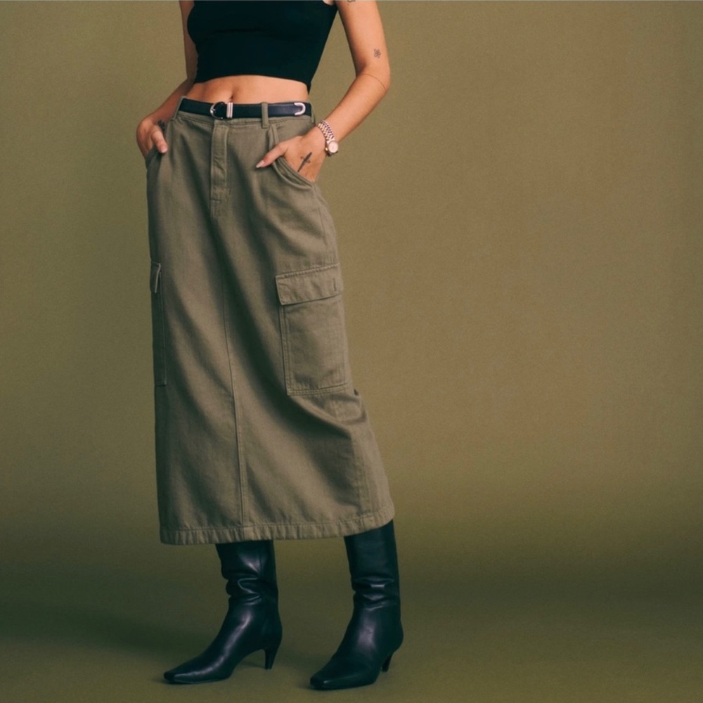 Reformation Maggi Cargo Midi Skirt In Army Sz 26